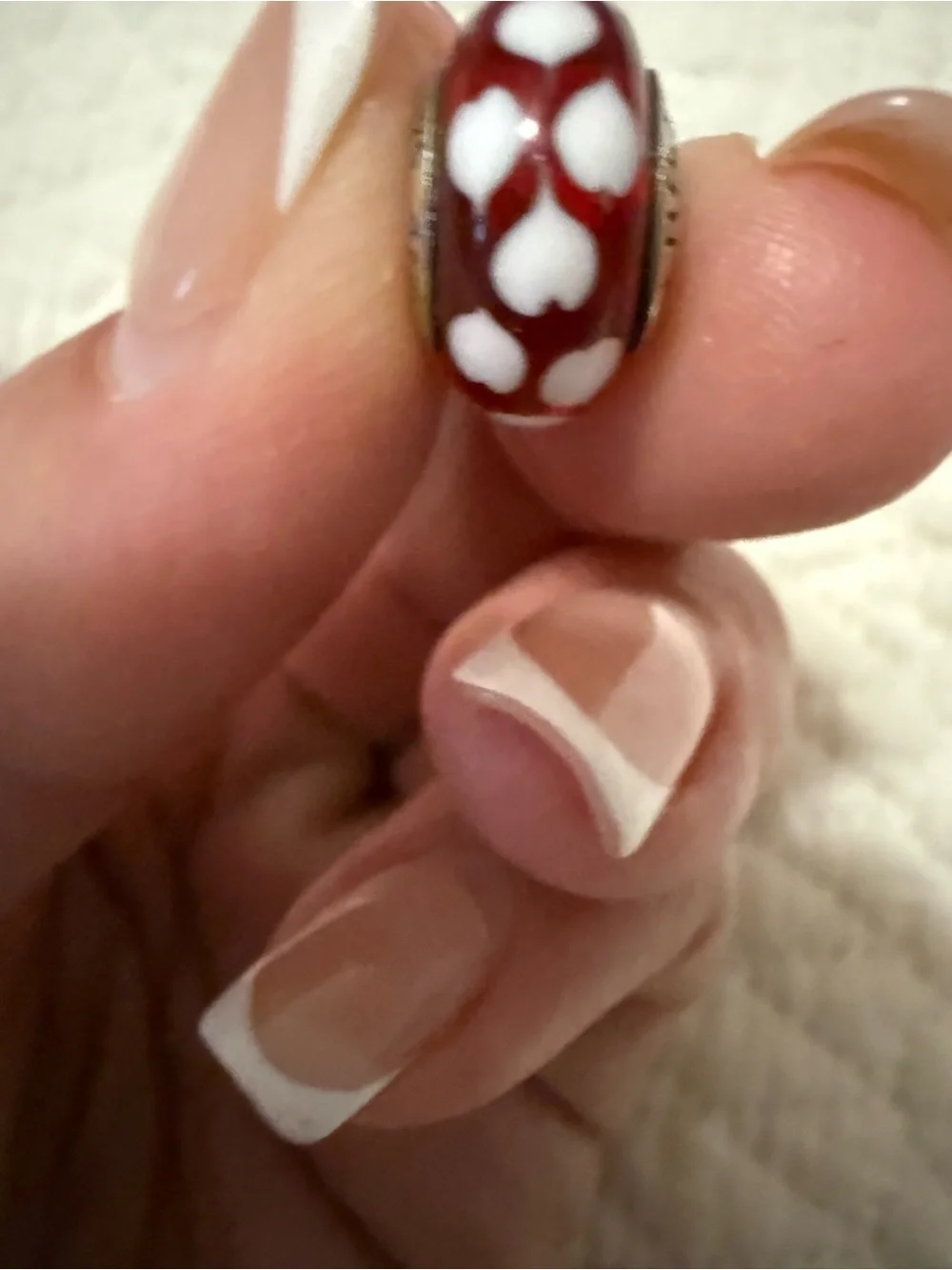 Pandora red Murano glass with white hearts Bead